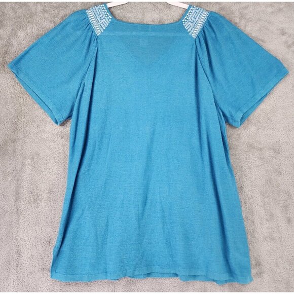 Chicos Shirt Womens 3 Blue Embroidered Linen Blend Casual Short Sleeve Blouse - Picture 2 of 10